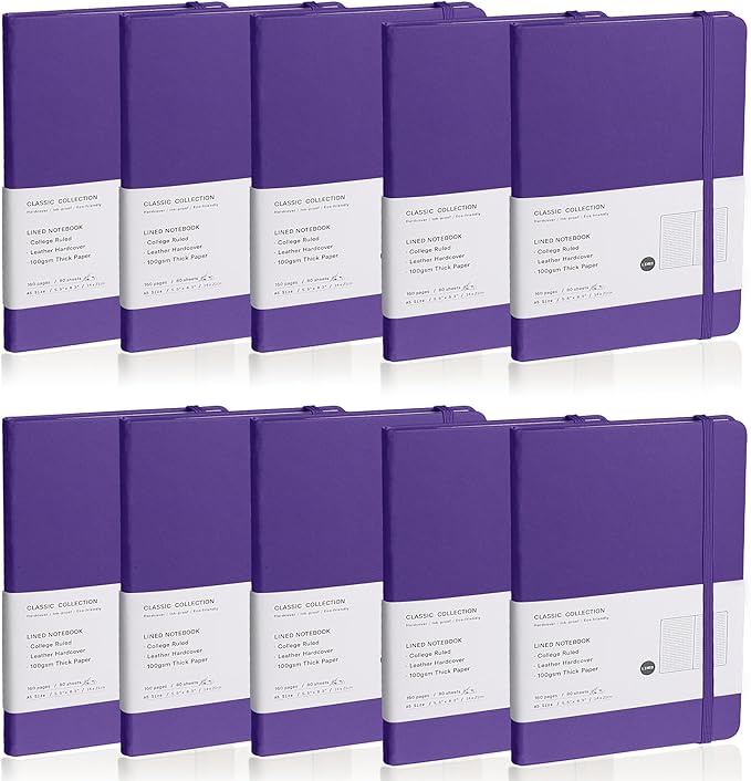 EMOMAS Lined Journal Notebook, 10Pack Hardcover Notebook for Men & Women – Journals for Writing, Work, School, Home & Daily Notes, 160 Pages – Medium A5, 5.7"x8", 100 gsm Thick Paper (Purple)