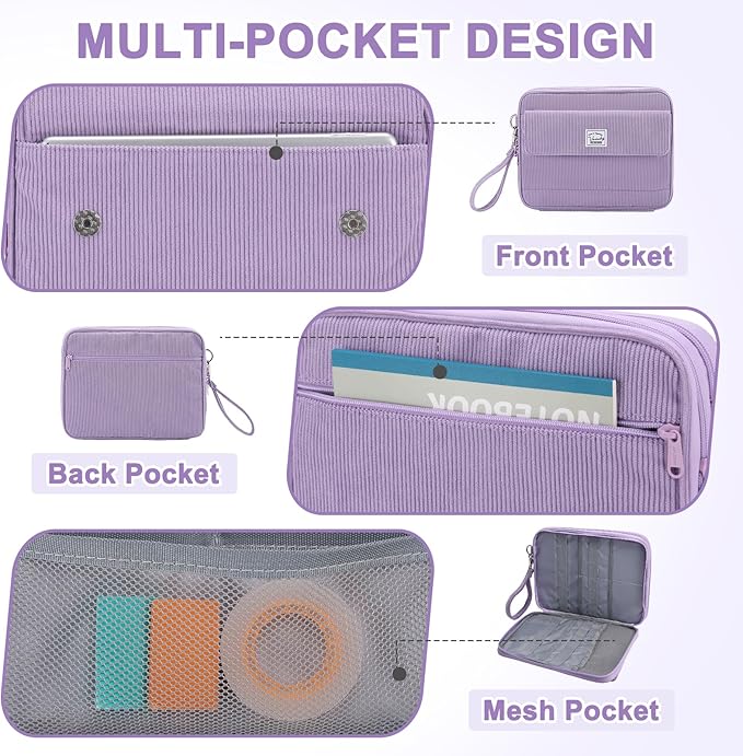 VASCHY Colored Pencil Case, Corduroy Large Pencil Pouch for Art Pens Markers Gel Pens Big Holder Organizer Fits 192 Pencils for Girls Women Light Purple