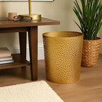 TUP THE URBAN PORT 10" Decorative Iron Wastebasket Trash Can | Matte Gold | Leaf Etched Design