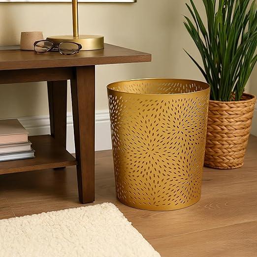 TUP THE URBAN PORT 10" Decorative Iron Wastebasket Trash Can | Matte Gold | Leaf Etched Design