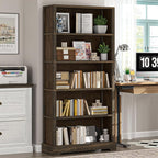 TVU 5-Tier Solid Wood Book Shelf, Floor Standing Bookcase, 65" H × 31.5" W × 11.8" D Bookshelf, Farmhouse Style Book Case with Arched Base, Suitable for Living Room, Study, Office, Rustic Brown