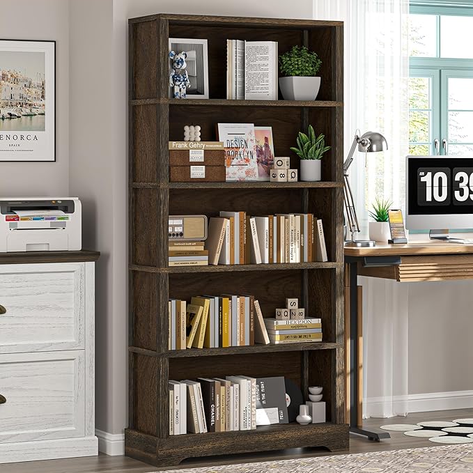 TVU 5-Tier Solid Wood Book Shelf, Floor Standing Bookcase, 65" H × 31.5" W × 11.8" D Bookshelf, Farmhouse Style Book Case with Arched Base, Suitable for Living Room, Study, Office, Rustic Brown