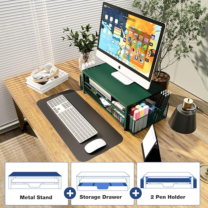 OPNICE Desk Organizers and Accessories, 2-Tier Computer Monitor Stand Riser with Drawer and 2 Pen Holders, Laptop Stand, Office Desk Accessories for Office Supplies, Dark Green
