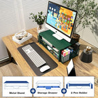 OPNICE Desk Organizers and Accessories, 2-Tier Computer Monitor Stand Riser with Drawer and 2 Pen Holders, Laptop Stand, Office Desk Accessories for Office Supplies, Dark Green