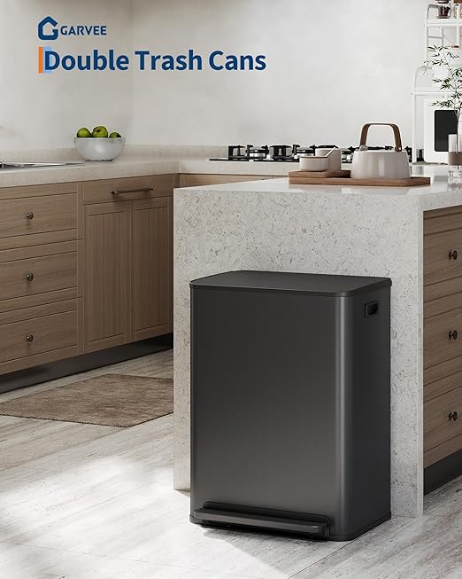 Stainless Steel Garbage Can, 2 x 8 gal Dual Compartment Trash Can with 2 Inner Buckets and Soft Close Lid, Foot Pedal Garbage Bin for Bathroom, Living Room, Kitchen, Black