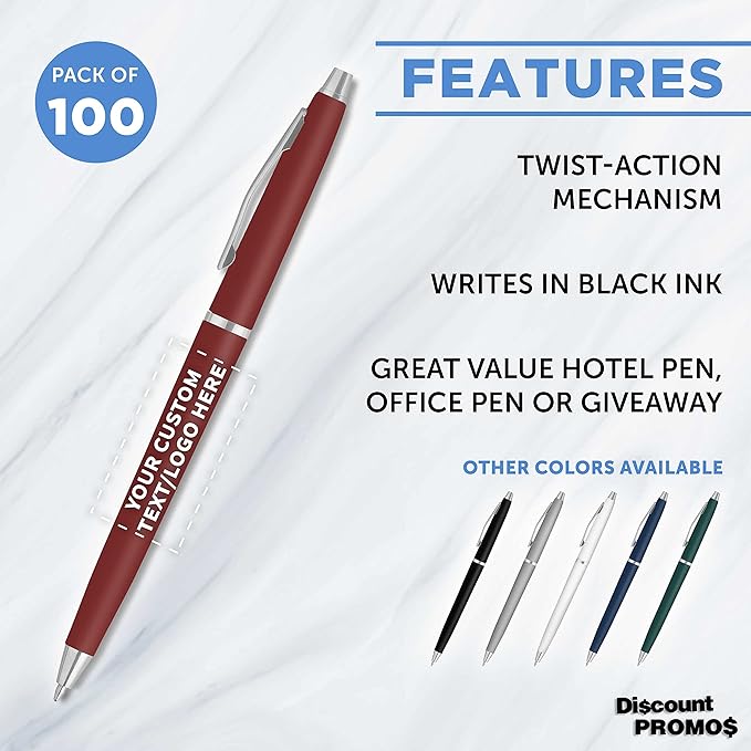 DISCOUNT PROMOS Custom Langham Ballpoint Pens Set of 100, Personalized Bulk Pack - Black Ink, Great for Office, School, Business, Tradeshows - Burgundy