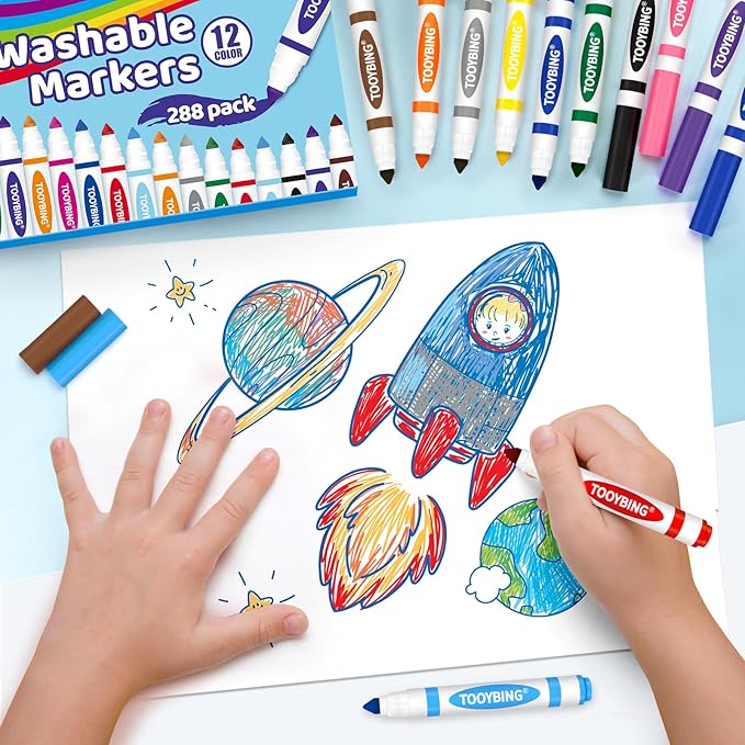 TooyBing Washable Markers Bulk (288 Count), 12 Assorted Colors, Washable Markers for Kids Classroom School, Broad Tip Durable for Back to Classroom Art School Supplies Essentials