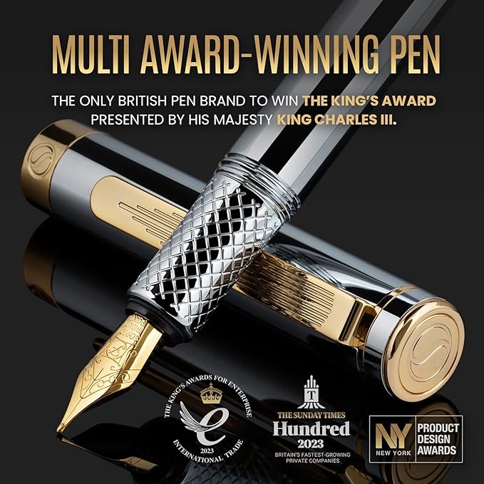 Scriveiner Silver Chrome Fountain Pen (Fine), Award Winning, Heavy Pocket Stunning Luxury Pen, Real Gold Plating and Genuine Schmidt Nib, Includes Converter, Fancy EDC Writing Gift Set for Men & Women