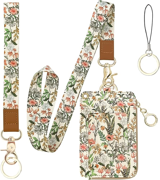 Bolimoss Aesthetic Lanyard with ID Holder for Women & Nurses - Floral ID Badge Holder with Neck Lanyard & 4 Card Slots, Side Zipper Pocket