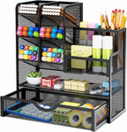 Marbrasse Mesh Pen Holder for Desk, Multi-Functional Pencil Organizer with Drawer, Desk Organizers and Accessories for Office Art Supplies (Black)