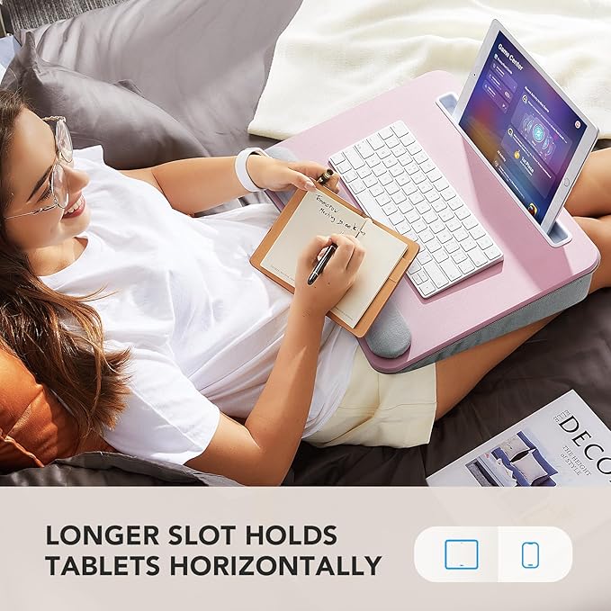 HUANUO Lap Laptop Desk - Portable Lap Desk with Pillow Cushion, Fits up to 15.6 inch Laptop, with Anti-Slip Strip & Storage Function for Home Office Students Use as Computer Laptop Stand - Pink