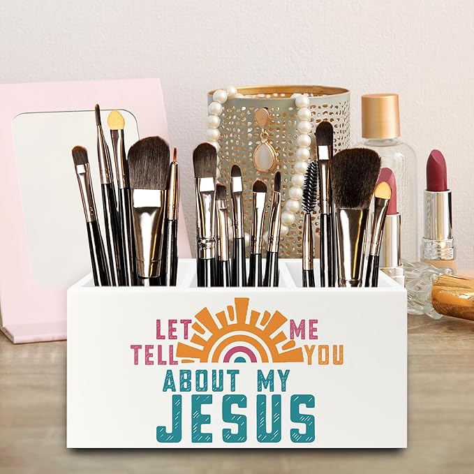 QZQE Boho Jesus Christian Pen Pencil Holder Organizer for Desk, Let Me Tell You about My Jesus Bible Verse Wooden Box Signs Decorations for Home Office Desk Tabletop