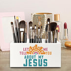 QZQE Boho Jesus Christian Pen Pencil Holder Organizer for Desk, Let Me Tell You about My Jesus Bible Verse Wooden Box Signs Decorations for Home Office Desk Tabletop