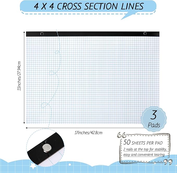 Fainne 3 Pcs Large Engineering Graph Paper Grid Graph Paper Pad Giant Drafting Pad Blueprint Sketching Graph Paper Engineer Architect Designer Mathematician Draftsman (Blue White,11x17inches)