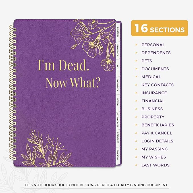 SUNEE End of Life Planner - I'm Dead Now What Planner for Seniors & Family Legacy, Large Print Spiral-Bound Estate Planning Organizer with Tabs - Final Wishes, Passwords & Funeral Planning, A4, Purple