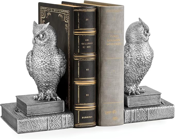 MXARLTR Owl Bookends, Book Ends for Shelves, Vintage Resin Decorative Bookends with Anti-Slip Base for Books Lovers Home Office Decor Book Holder (Silver)
