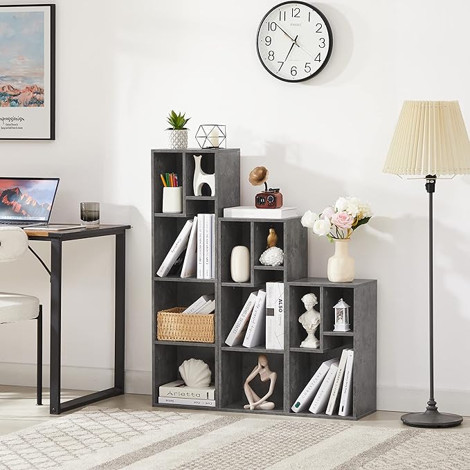 VECELO Wide Bookshelf Set, Fits 9.3" × 10-12.8" Hardcovers, Cube Storage Bookcases, Free-Standing for Living Room, Bedroom, Home Office, 3/4-Tier, 2-Pack, Gray