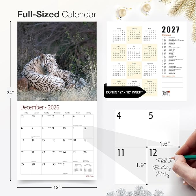 RED EMBER White Tigers 2026 Wall Calendar 12 Month | 12" x 24" Open | Thick & Sturdy Paper | Holiday Gift | Big Cats Animal Calendar 2026