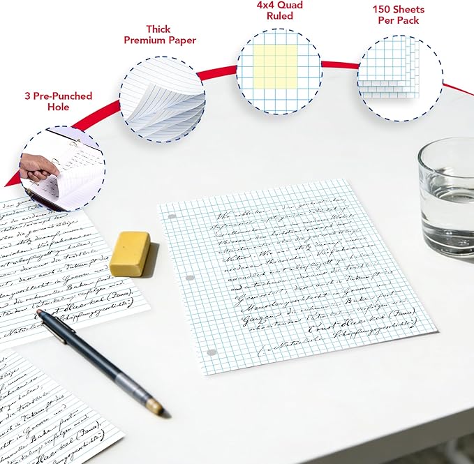 KAISA Graph Paper Filler Paper, 8"x10.5" 4x4 Graph/Quad Rule Filler Paper 3-Hole Punched 1/4inch Grid Paper Loose-Leaf Paper for 3-Ring Binders,150sheet/pack, 3pack F15001Q