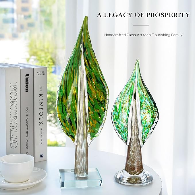 QFkris Blown Glass Tree of Life Leaf Sculpture for Home Decor, 12inch Hand Blown Glass Art Decorative Statue for Book Shelf Living Room Office Desk Home Decoration Accents Collectible Figurines