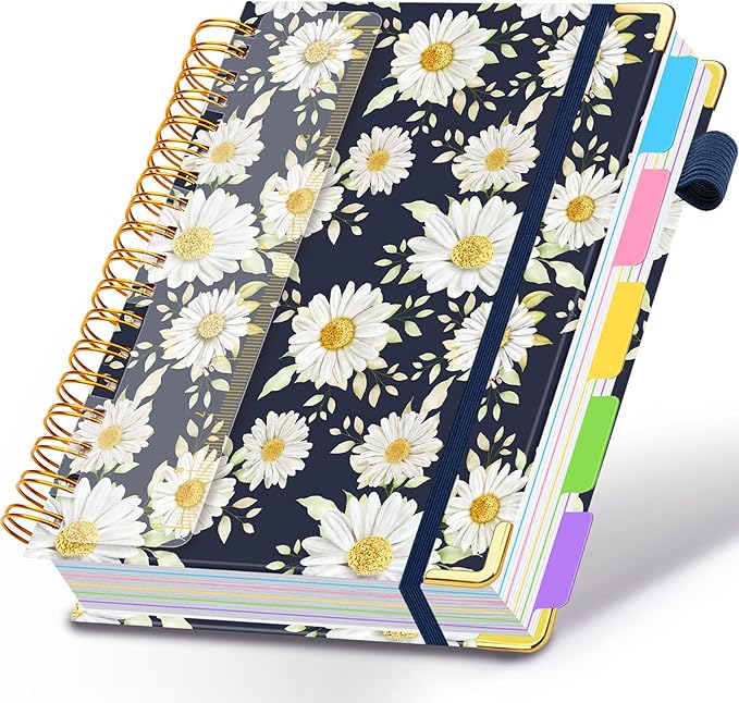 Spiral Journal Notebooks for Work, 300 Pages 5 Subject Notebook College Ruled with Dividers & Tabs, 8''x 10'' Large Notebook Journal for Women Students Note-Taking and Organizer (White Daisy)
