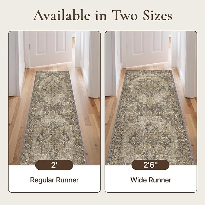GENIMO 2'6''x8 Runner Rugs for Hallway, Machine Washable Non Slip Vintage Rugs, Low Pile Lightweight Soft Print Rug for enrtyway, Corridor, Home Office, Kitchen, Rustic Brown