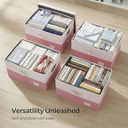 PRANDOM Storage Bins with Lids [3-Pack] Linen Fabric Foldable Storage Boxes Organizer Containers Baskets Cube with Cover for Bedroom Closet Office White&Pink (23.4X15.9X11.4)