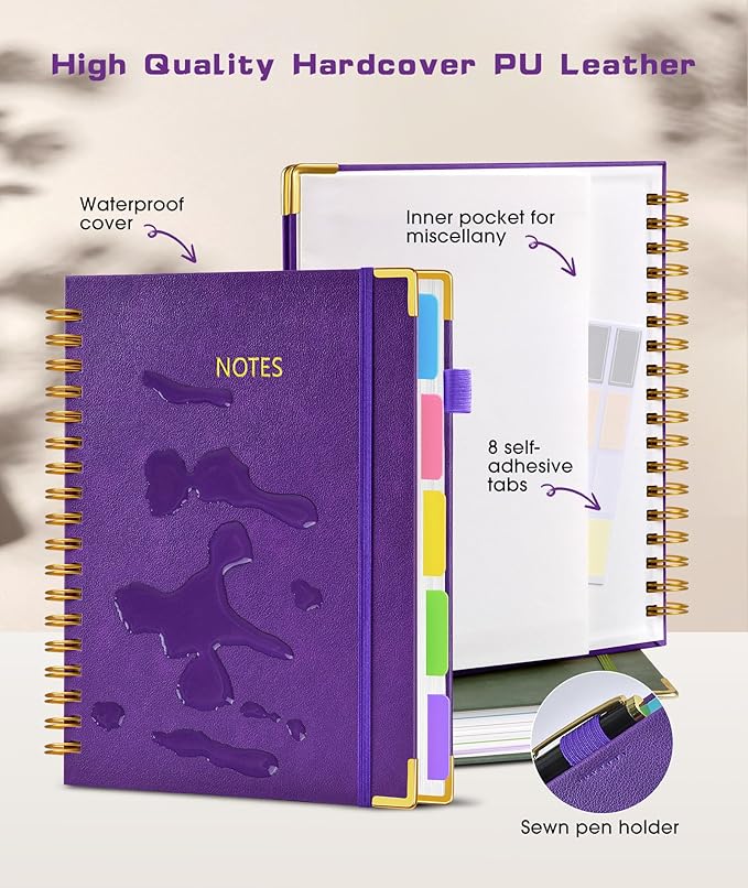 Hardcover Spiral Notebook Journal with Removable Dividers Tabs, 300 Pages Leather 5 Subject Notebook College Ruled, 8"x10" Large Notebooks for Work School Note Taking, Journal for Women, Dark Purple
