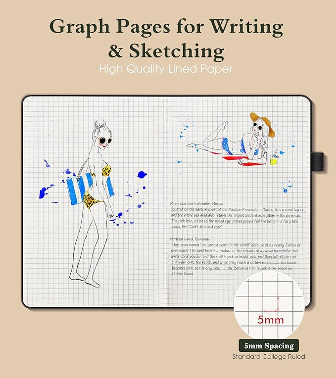 PAIBAS Graph Notebook for Women Men, 160 Pages Grid Paper, Graphing Notebooks for School, Work, Quad Ruled, Inner Pocket, A5 Hardcover Vintage Leather Journals for Writing, 5.8"x8.5" (Black)