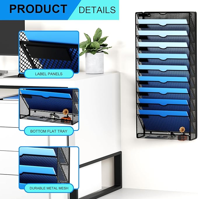GDINDINFAN Hanging Wall File Organizer 10 Tier Wall Mounted File Holder Document Wall Organizer Magazine Organization for Office Home, Black