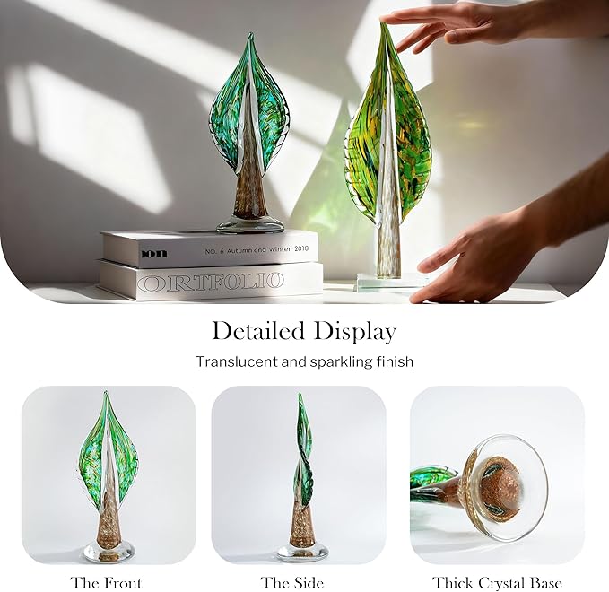 QFkris Blown Glass Tree of Life Leaf Sculpture for Home Decor, 12inch Hand Blown Glass Art Decorative Statue for Book Shelf Living Room Office Desk Home Decoration Accents Collectible Figurines