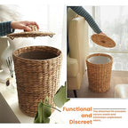 Tidita 4 Gallons Wicker Waste Basket - Water Hyacinth Bathroom Garbage Can with a Lid - Bathroom Trash Can Boho Style - Wicker Trash Can with Lid for Household, Kitchen - Removable Liner, Iron Frame