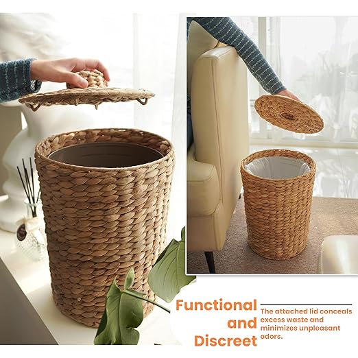Tidita 4 Gallons Wicker Waste Basket - Water Hyacinth Bathroom Garbage Can with a Lid - Bathroom Trash Can Boho Style - Wicker Trash Can with Lid for Household, Kitchen - Removable Liner, Iron Frame
