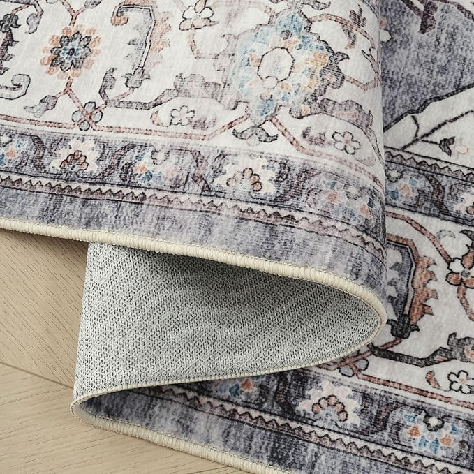 Rugcomf Vintage Medallion Living Room Rug 5'x7' - Machine Washable Area Rug, Non-Slip Low Pile Boho Carpet for Bedroom, Dining Room, Farmhouse, Office, Kids Playroom - Grey and White