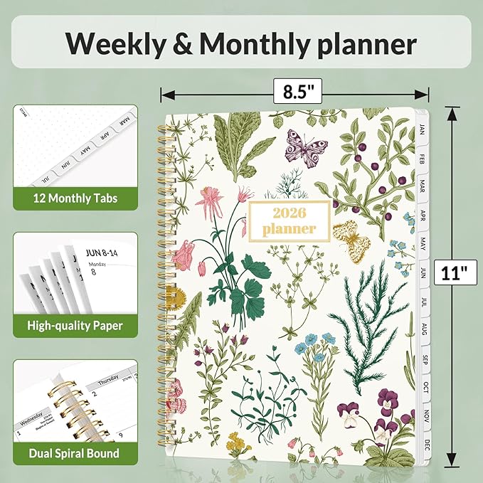 SUNEE 2026 Planner, Weekly and Monthly Calendar Planner, January 2026-December 2026, Daily Agenda with Tabs, Note Pages, Spiral Binding, 8.5"x11", Flora