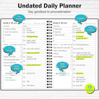 Daily Planner Undated, Asten to Do List Notebook Hourly Schedules Spiral Appointment Planner for Men and Women,PVC Hardcover,Elastic Closure, Inner Pocket 8.3" x 5.8" (Black, 2 Pack)
