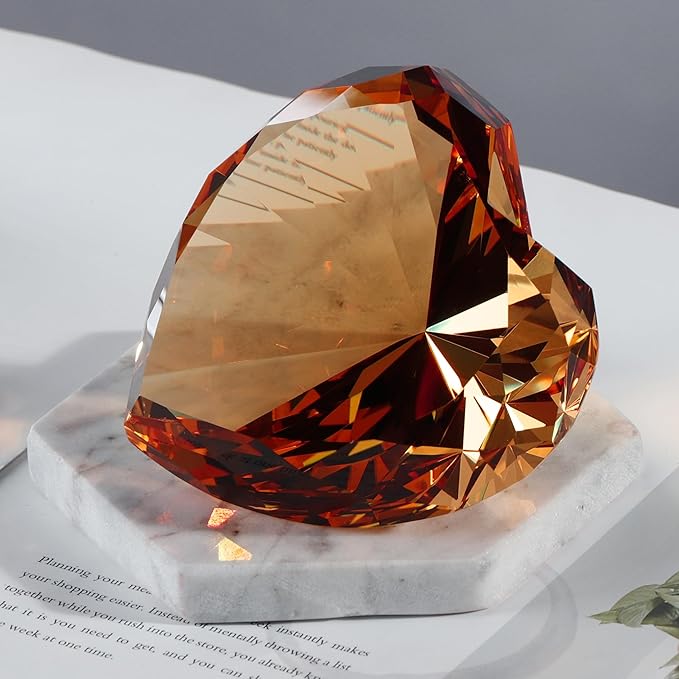 Amber Crystal Diamonds Paper Weights, Heart Shape Real Crystal Diamond Glass Gems Paperweight for Decoration 80mm, Big Diamonds Home Office Decor Valentine's Day Gift Wedding Favors with Gift Box