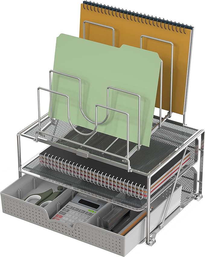 Deco Brothers Desktop File Organizer with Double Tray and 5 Folder Stand, Silver