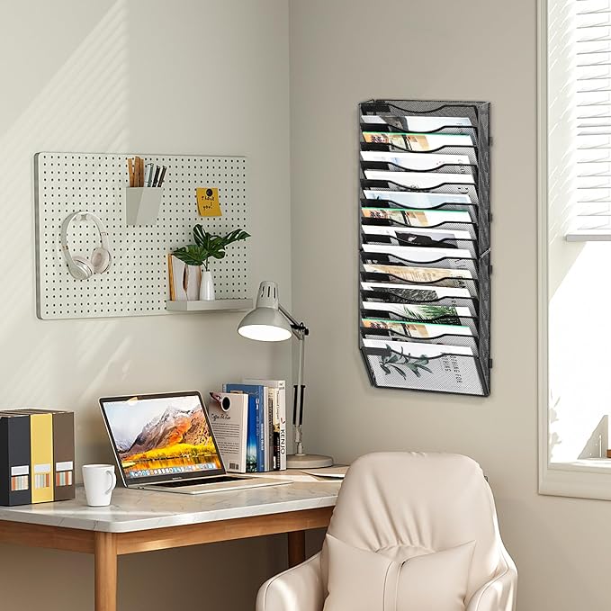 EasyPAG Wall File Organizer for Office 14 Pocket Mesh Wall Mounted Paper Organizer Hanging Folder Holder with Nametag Label for Home School, Black