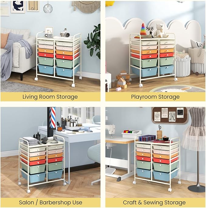 Giantex 12 Drawer Rolling Storage Cart Tools Scrapbook Paper Office School Organizer (Macaron)
