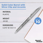 DISCOUNT PROMOS Custom Langham Ballpoint Pens Set of 10, Personalized Bulk Pack - Black Ink, Great for Office, School, Business, Tradeshows - Silver