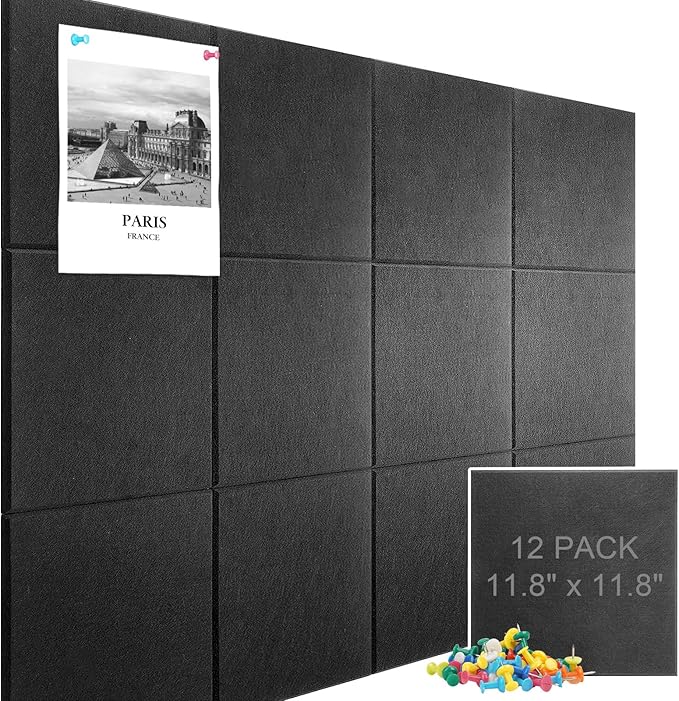 Large Cork Board Alternative 48" X 36" Black Bulletin Board - 12 Pack Removable Felt Wall Tiles with 30 pushpins, Large Cork Boards for Walls Cork Board for Office Pin Board Tack Board