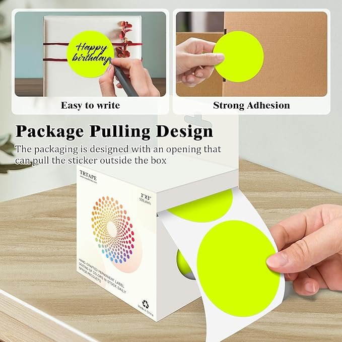 3 Inch Round Colored Dot Stickers, 2000 PCS, 4 Rolls in Dispenser Box - Fluorescent Yellow Circle Color Coding Labels Dot Labels for Office, Home, Inventory Organizing