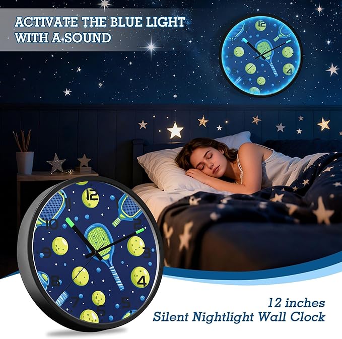 Vozoza Pickleball Game Sports 12 Inch Analog Wall Clocks Battery-Operated with Led Lights for Living Room Bedroom Kitchen Office Decor, Battery Not Included