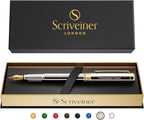 Scriveiner Personalized Silver Chrome Fountain Pen - Stunning Luxury Pen, Real Gold Plating, Schmidt Gilded Nib (Medium) Best Engraved Pen Gift Set for Men & Women, Custom Name Engraving