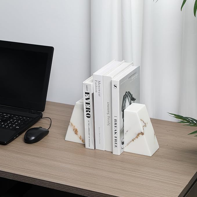 Faticdorr Luxury Marble Bookends for Shelves, 11LB Heavy Duty Marble Book Ends for Heavy Books, Stone Bookends Decorative, Polished, Calacatta Gold Triangular, Set of 2