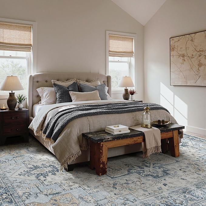 GENIMO 6x9 Area Rugs for Living Room, Non Slip Machine Washable Rugs, Low Pile Chenille Print Rug for Bedroom, Dining Room, Home Office, Blue