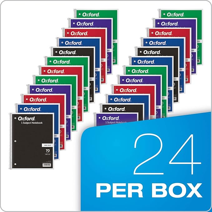 Oxford Spiral Notebooks, 1 Subject, Wide Ruled Paper, 70 Sheets, 24 per Pack, Colors May Vary (65000)