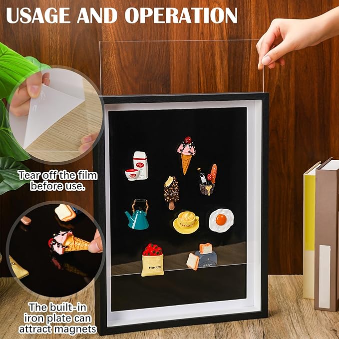 Vicenpal 2 Pcs Large Magnetic Board 16" x 12" Magnet Display Board Removable Souvenir Fridge Magnet Frames Case for Wall Dust Proof Magnetic Shadow Box for Wall Table Refrigerator (Black)