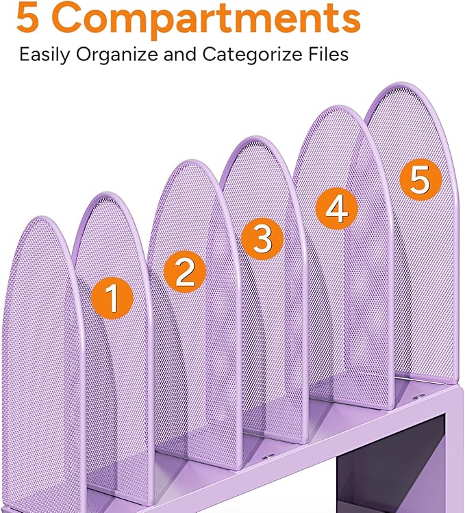 OUTIOE 5-Section Desk File Organizer, Metal Mesh Folder Organizer for Documents, Mail & Office Papers (Purple)